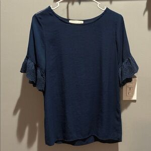 Chic Navy Blue Blouse with Ruffled Sleeves